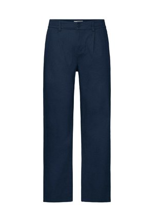 Pantalon bleu marine à jambes droites avec passants de ceinture, fermeture par bouton, poches avant et plis à la taille.
