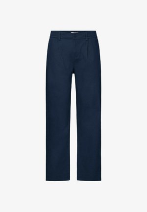 Marineblaue, gerade geschnittene Hose mit Gürtelschlaufen, Knopfverschluss, vorderen Taschen und Falten am Bund.