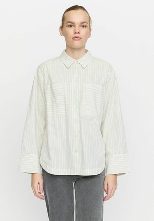 Striped button-up shirt in light green and white. Features a collar, two horizontal chest pockets, and wide sleeves with striped cuffs.