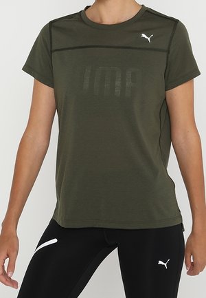 Olive green sports t-shirt with short sleeves, featuring a subtle striped texture and a reflective logo in white on the chest area.