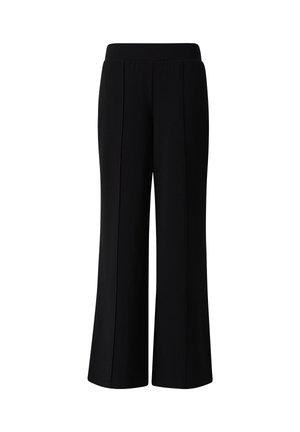 Zwarte wijde broek met een gladde textuur, voorzien van een hoge tailleband en twee voorste naaddetails voor een verzorgde uitstraling.