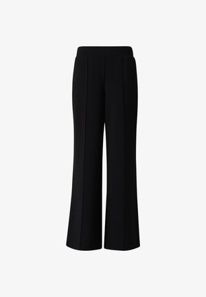 Juodos plataus sigalio kelnės su lygiu paviršiumi, turinčios aukštą liemenį ir du priekinius siūlų akcentus, suteikiančius elegantišką išvaizdą.