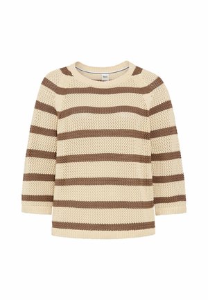 Flødefarvet striktrøje med brune vandrette striber og lange ærmer, med rund halsudskæring og struktureret mønster.