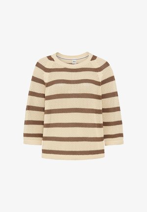 Crèmekleurige gebreide trui met bruine horizontale strepen en lange mouwen, voorzien van een ronde halslijn en een gestructureerd patroon.