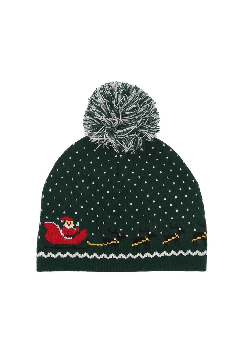 Gorro de punto verde con un pompón blanco esponjoso, que presenta a Santa Claus en un trineo rojo y renos negros sobre un patrón de puntos.