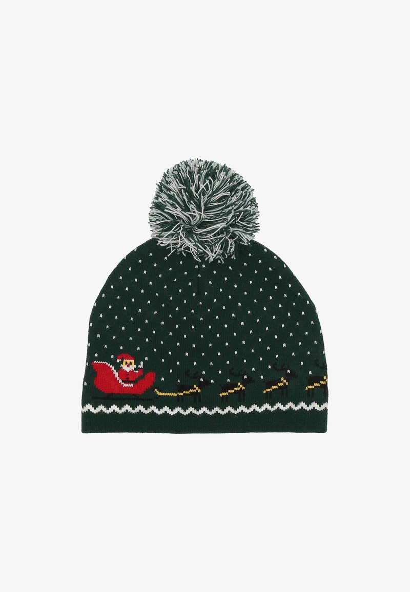 Gorro de punto verde con un pompón blanco esponjoso, que presenta a Santa Claus en un trineo rojo y renos negros sobre un patrón de puntos.