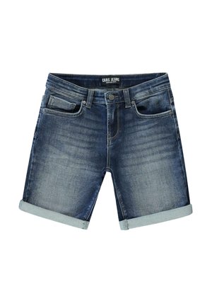 Denim shorts in een vervaagde donkerblauwe wassingen met een opgerolde zoom. Voorzien van voorzakken en een knoopsluiting. Merkenlabel "CARS JEANS" zichtbaar.