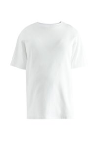 Weißes Baumwoll-T-Shirt mit kurzen Ärmeln, rundem Ausschnitt und lockerem Schnitt. Der Stoff hat eine glatte Textur und minimale Details.