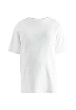 Fehér pamut póló rövid ujjakkal, kerek nyakkivágással és laza szabással. Az anyag sima tapintású, kevés részletmegoldással.