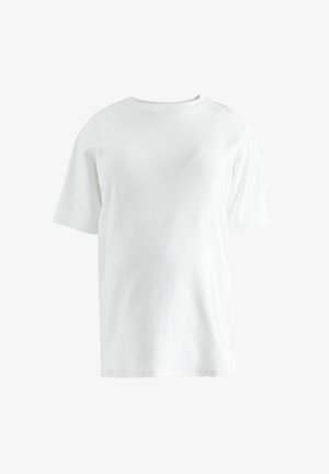 Biele bavlnené tričko s krátkymi rukávmi, okrúhlym výstrihom a pohodlným strihom. Tkanina má hladkú textúru a minimálne detaily.