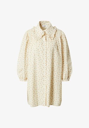 Bloemen kort jurkje met pofmouwen, een grote kraag en knopen aan de voorkant. Lichtcrème stof met kleine oranje en bruine bloemen.