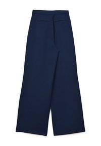 Marineblaue weite Hose aus glattem Stoff, mit zwei hinteren Taschen und einem klaren Bund. Keine sichtbaren Verschlüsse oder Verzierungen.