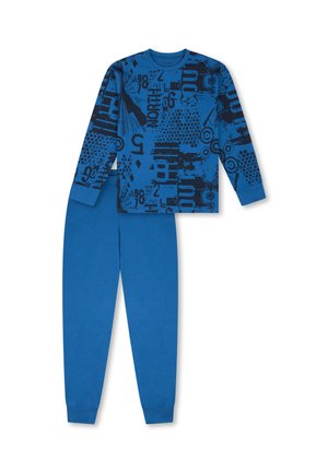 Blaue Baumwoll-Pyjama-Set mit einem Langarm-Shirt mit Grafikdruck und passenden einfarbigen blauen Hosen. Weicher Stoff, elastische Bündchen an den Hosen.