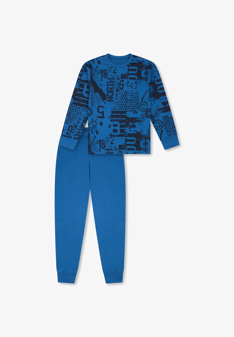 Blaue Baumwoll-Pyjama-Set mit einem Langarm-Shirt mit Grafikdruck und passenden einfarbigen blauen Hosen. Weicher Stoff, elastische Bündchen an den Hosen.