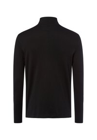 Czarna koszulka polo z długim rękawem i wysokim kołnierzykiem, wykonana z gładkiego materiału. Ma dopasowany krój oraz minimalne detale szwów z tyłu.