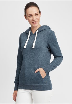 Hooded sweatshirt in dark blue fabric, featuring a front pocket, white drawstrings, and ribbed cuffs. Smooth texture and casual fit.