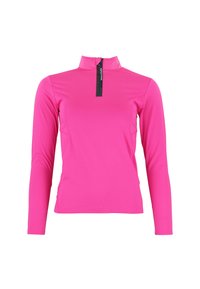 Fuchsia lange mouwen top met een halve rits en opstaande kraag, met een gladde textuur en een slanke pasvorm, ontworpen voor sportkleding.