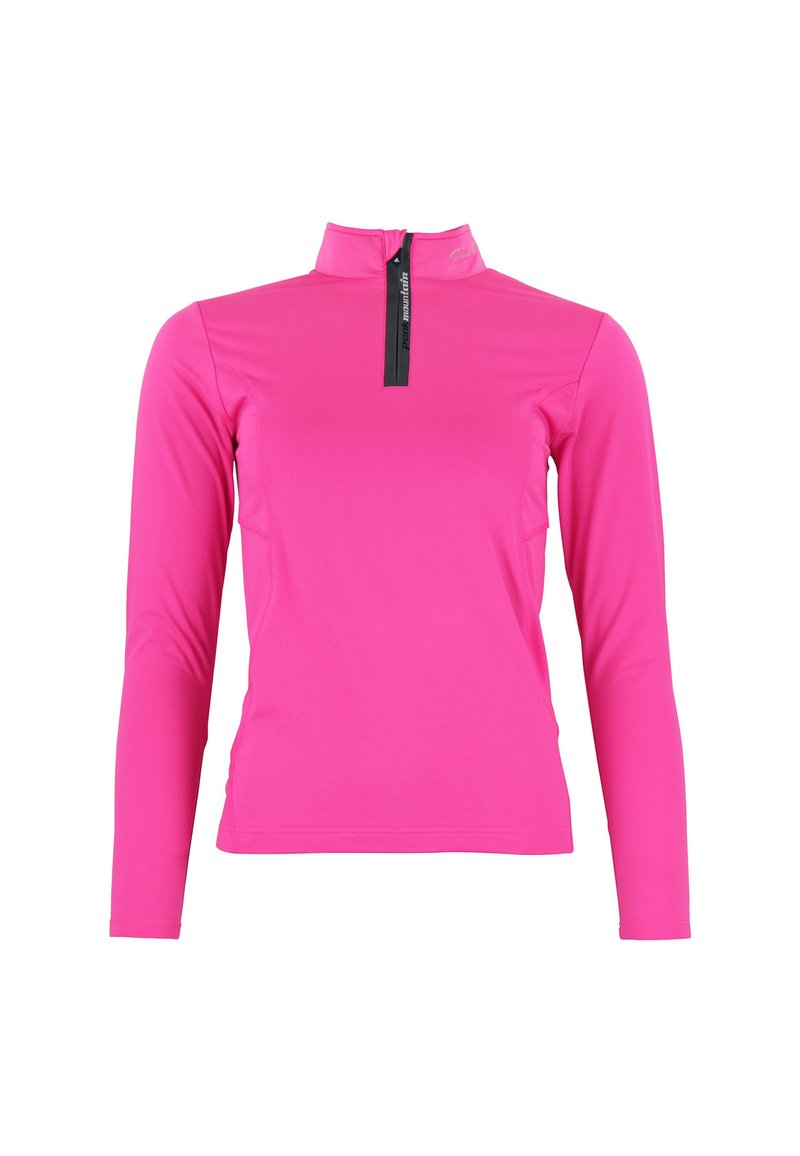 Fuchsia lange mouwen top met een halve rits en opstaande kraag, met een gladde textuur en een slanke pasvorm, ontworpen voor sportkleding.