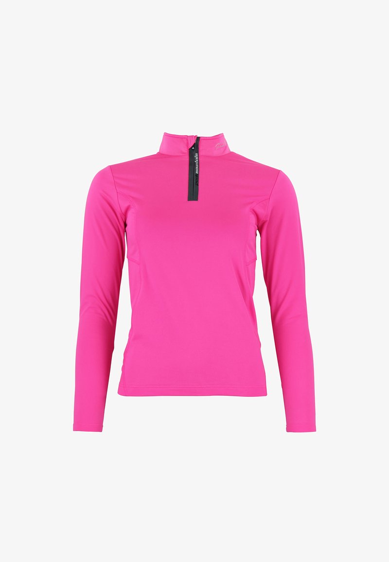 Fuchsia lange mouwen top met een halve rits en opstaande kraag, met een gladde textuur en een slanke pasvorm, ontworpen voor sportkleding.