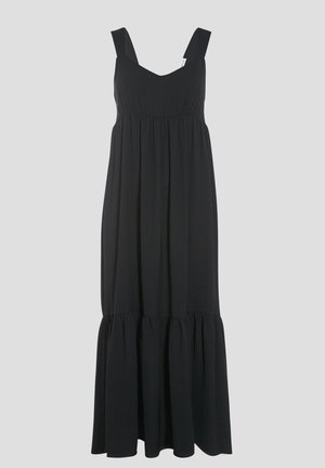 Black sleeveless maxi dress made of soft fabric, featuring a V-neck, gathered bodice, and a ruffled hemline at the bottom.