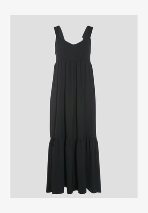 Czarna bezrękawnikowa sukienka maxi wykonana z miękkiego materiału, z dekoltem w kształcie litery V, marszczonym krojem i falbaną na dole.