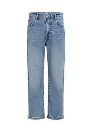 Light blue denim jeans with a straight-leg cut, featuring a classic five-pocket design and cuffed hems. Distressed texture throughout.