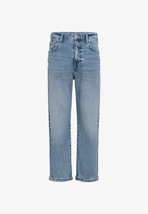 Light blue denim jeans with a straight-leg cut, featuring a classic five-pocket design and cuffed hems. Distressed texture throughout.