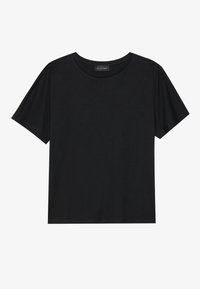 Schwarzes T-Shirt mit kurzen Ärmeln aus weichem Stoff, mit Rundhalsausschnitt und lockerer Passform. Keine sichtbaren Muster oder Akzente. Schlichtes Design.
