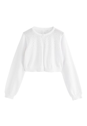 Weißes, langärmliges, kurzes Cardigan mit rundem Ausschnitt und kleinen dekorativen Nieten über der oberen Brust und den Schultern, vorne mit Knopfleiste.