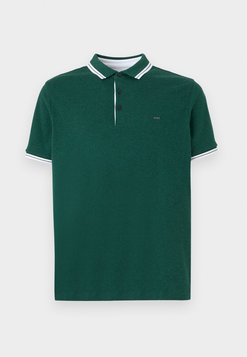 Polo-Shirt in Dunkelgrün mit weißem gestreiftem Kragen und Ärmeln, verfügt über eine Drei-Knopf-Leiste, eine weiche Textur und ein gesticktes Logo auf der Brust.