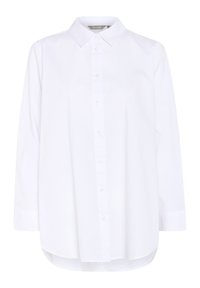 Camicia bianca a maniche lunghe con bottoni, realizzata in cotone, caratterizzata da un colletto classico, un taglio dritto e un orlo posteriore leggermente più lungo.