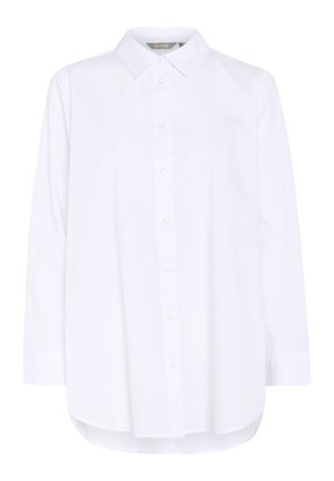 Camicia bianca a maniche lunghe con bottoni, realizzata in cotone, caratterizzata da un colletto classico, un taglio dritto e un orlo posteriore leggermente più lungo.