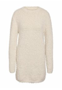 Dugi rukav, krem beige topli pleteni pulover s okruglim izrezom, prikazan na bijeloj pozadini.