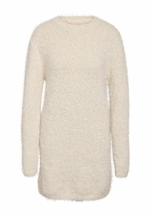 Dugi rukav, krem beige topli pleteni pulover s okruglim izrezom, prikazan na bijeloj pozadini.