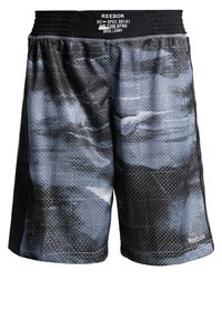 Reebok zwarte en grijze sportshorts met meshstructuur, elastische tailleband en Reebok-logo op het onderste rechterbeen.