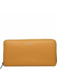 Leather wallet in bright mustard color with a textured finish, featuring a zip closure and a small metallic logo on the front.