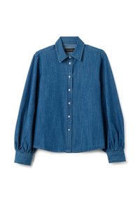 Blue denim shirt with a button-down collar, long puffed sleeves, front button closure, and a slightly curved hem. Soft texture.