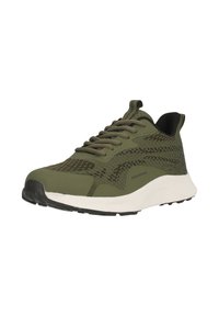 Baskets de sport vert olive avec tige en maille, laçage, semelle blanche, semelle extérieure noire, et texte "ENDURANCE" sur le côté.