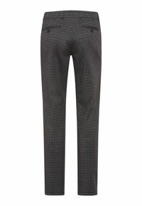 Pantaloni grigi a quadri con vestibilità slim, tessuto texturizzato e due tasche posteriori, caratterizzati da un sottile motivo tartan e una vita piatta.