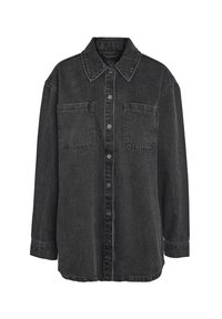 Svart denimskjorta med krage, två framfickor och knäppning; har långa ärmar och en avslappnad passform. Tungt tyg.