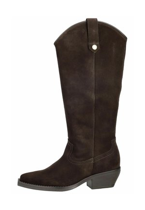 Donkerbruine suède cowboylaars tot op de knie met een puntige neus, decoratieve stiksels, treklus en laag schuin blokhak.