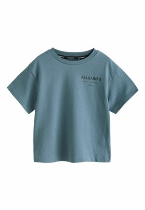 Kurzärmliges T-Shirt mit Rundhalsausschnitt aus weicher, türkisgrüner Baumwolle mit minimalistischem schwarzen Print "ALLSAINTS LONDON" auf der Brust. Schlichtes Design, lässige Passform.