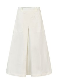 Hvid bomuldsnederdel med en flagrende design og en midterslids, to forlommer og en glat tekstur. Skræddersyet talje med bæltestropper.