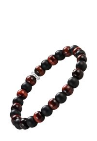 Bracciale con perline di legno alternate in marrone scuro e nero, finiture opache e lucide, con una perlina di accento argentato incisa "THOM."