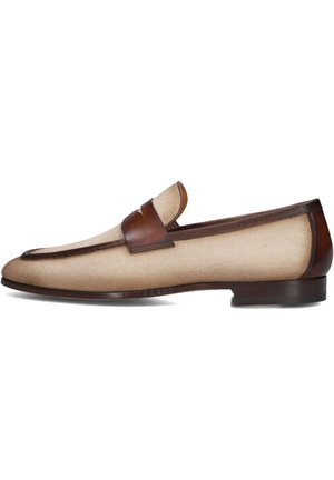 Beige textured loafer with dark brown leather trim, strap across the upper, and low stacked heel.