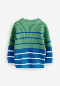 Maglione a maglia testurizzata con strisce orizzontali in verde, blu e bianco. Design a girocollo con maniche lunghe e vestibilità ampia.