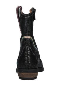Black ankle boots with a textured finish, contrasting multicolored stitching, a zip closure on the side, and a low, textured brown sole.