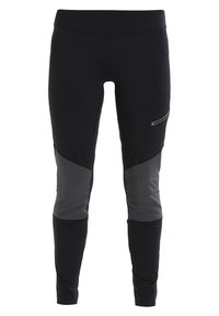 Svarta leggings med en åtsittande design, med grå meshpaneler på de nedre benen och en sidoficka med reflekterande detaljer.