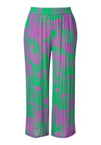 Pantaloni a gamba larga viola e verdi con vita elastica; presentano grandi motivi floreali e un tessuto leggero e strutturato.