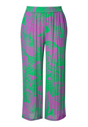 Violetti ja vihreä kuvioitu leveälahkeinen housu, jossa on joustovyötärö; sisältää suuria kukkakuvioita ja kevyttä, teksturoitua kangasta.